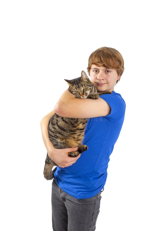 Boy spooning with his cat