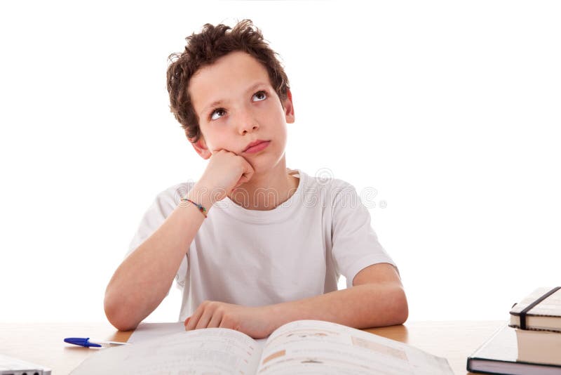 Boy studying boring, isolated on white background. Boring kid white stock images, royalty-free photos and pictures