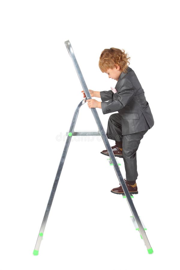 Boy in suit rises on step-ladder
