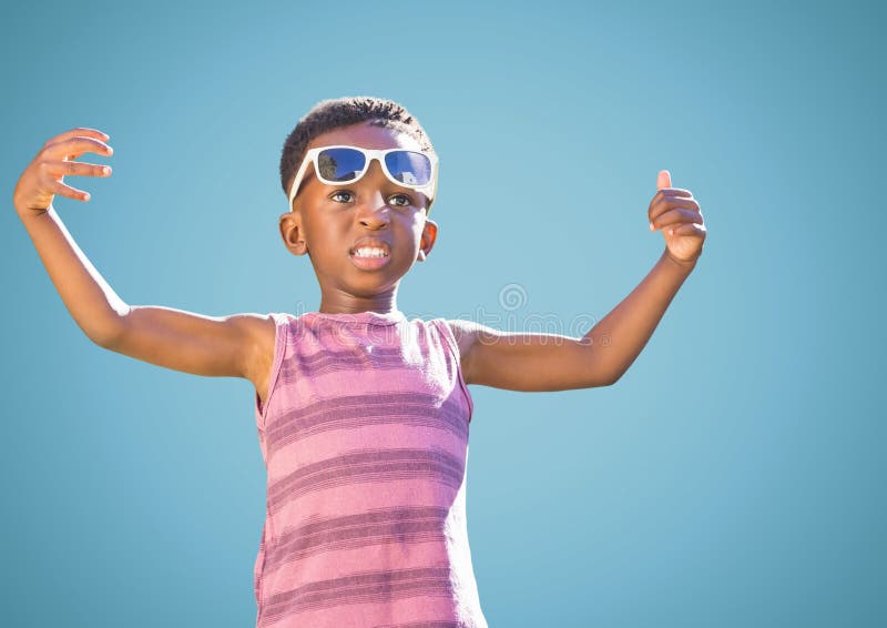 Boy in Sunglasses Hands Out Against Blue Background Stock Image Image
