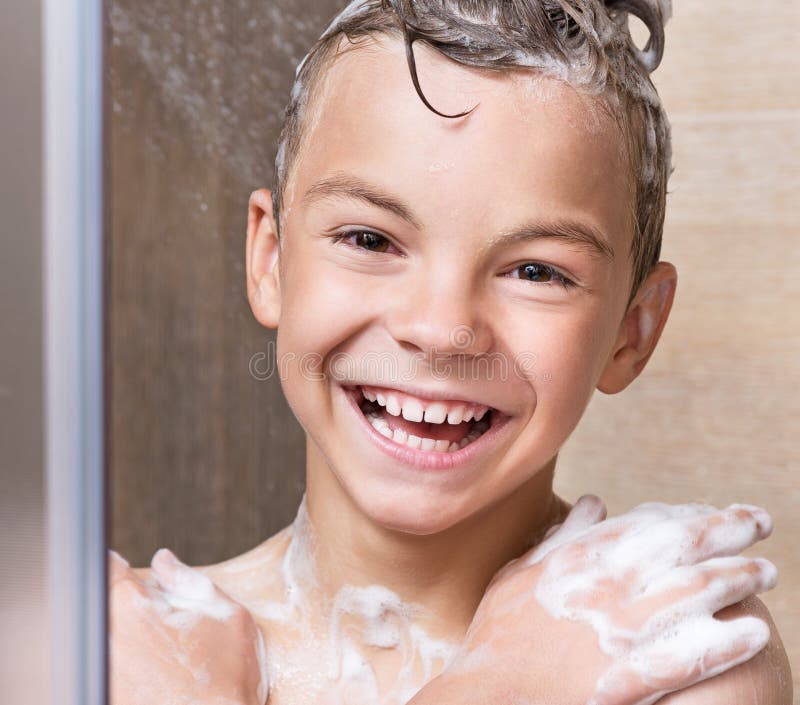Boy Takes A Shower In The Bathroom Stock Pho