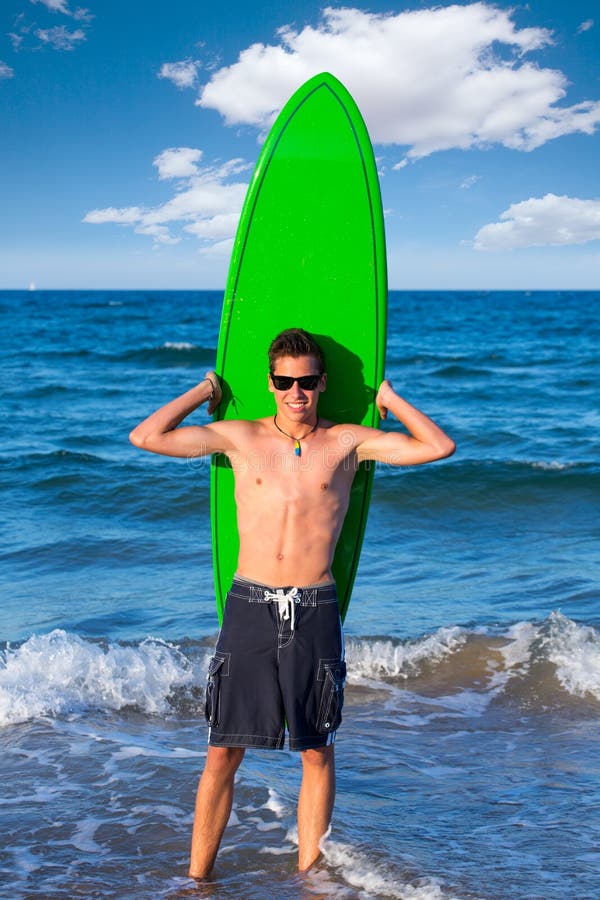 Boy Teen Surfer Holding Surfboard in the Beach Stock Image - Image of ...