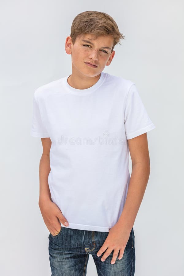 Boy Teenager Teen Male Child Wearing a White T-shirt and Jeans Stock ...