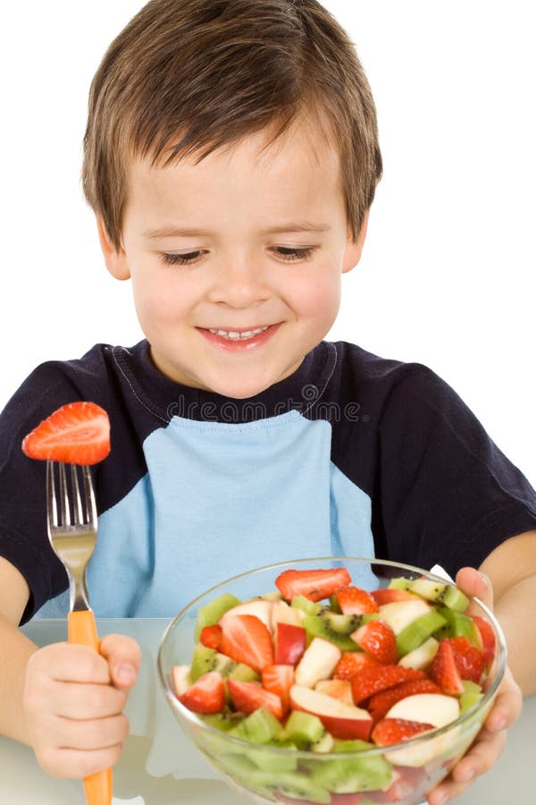 Boy about To Eat a Large Bowl of Fresh Fruit Salad Stock Image Image