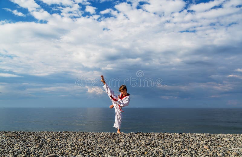 The Boy Training on the Beach Taekwondo, Sports Stock Photo Image of
