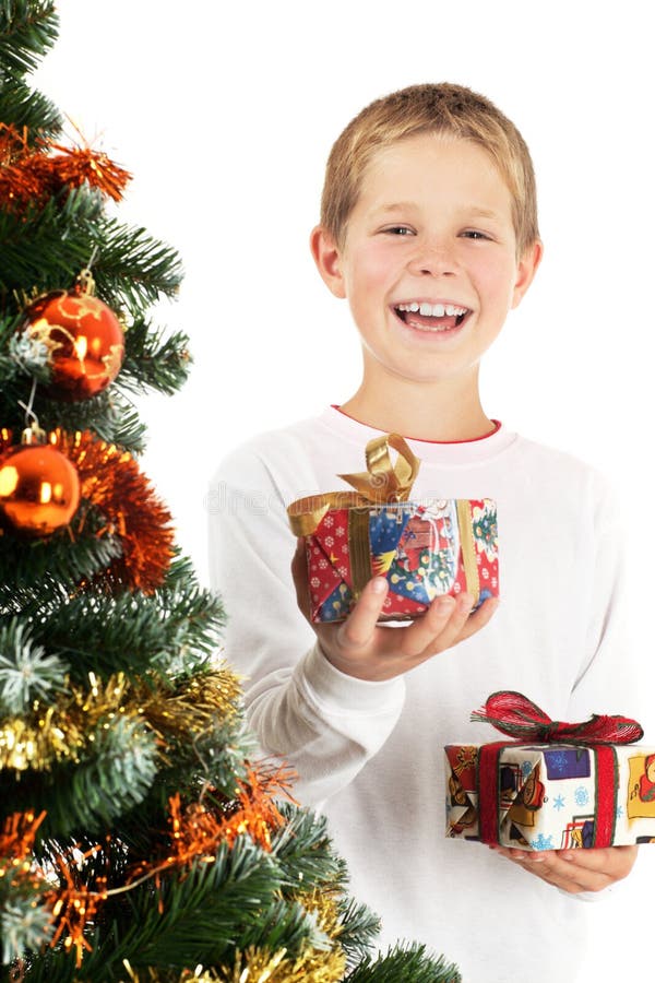 Boy and two christmas presents