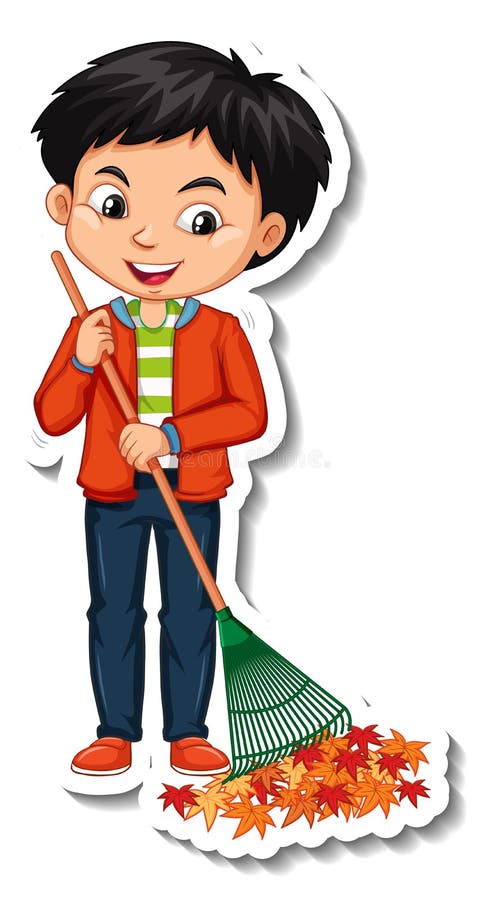 A Boy Using Rake Cartoon Character Stock Vector - Illustration of ...