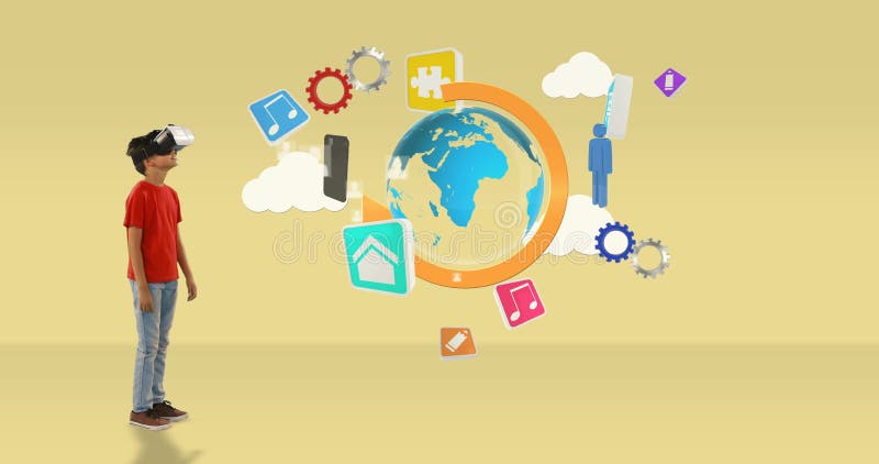 Boy using VR headset exploring digital world with colorful icons floating around vector illustration