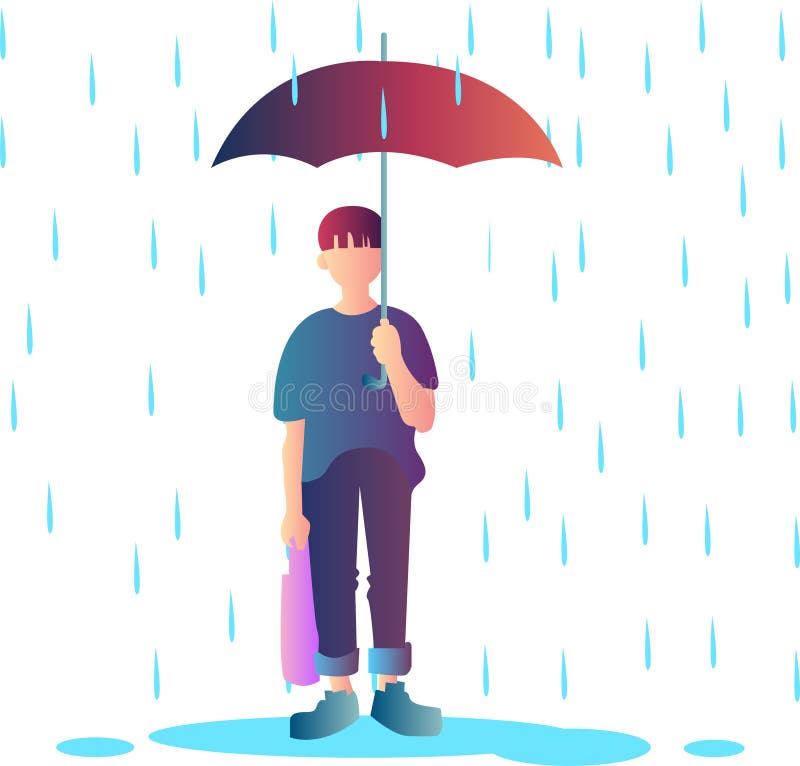 A Boy Wears an Umbrella when it Rains,vector Illustrations Stock Vector