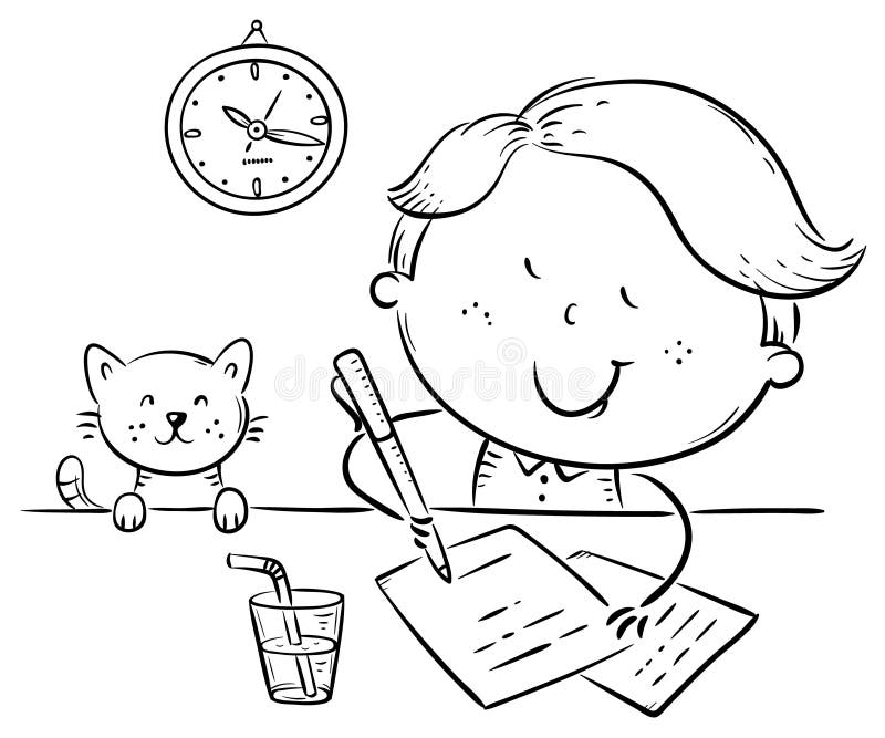 Boy Writing A Letter Or Making Homework At The Desk Stock Vector Illustration Of Indoors Drawing