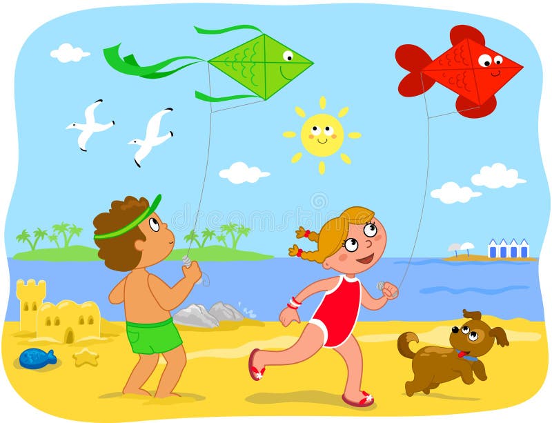 BoyBoy and girl playing with kites at the beach royalty free illustration BoyBoy and girl playing with kites at the beach royalty free illustration