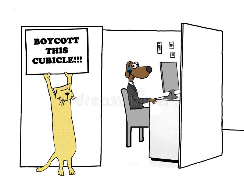 Business cartoon showing one worker encouraging others to `boycott this cubicle`. Business cartoon showing one worker encouraging others to `boycott this cubicle`.