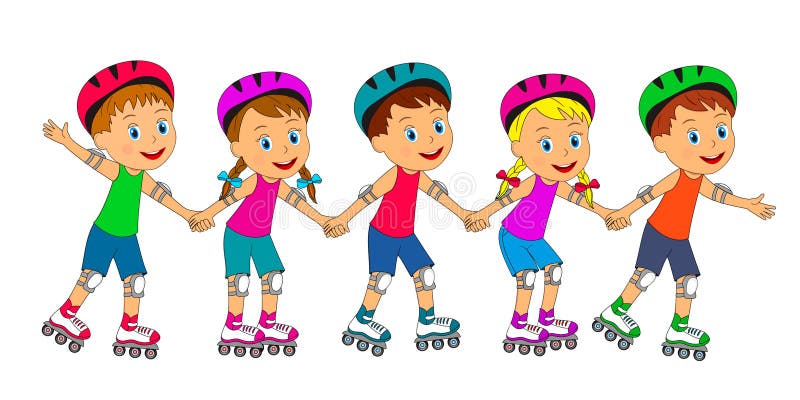 Boys and girls riding on roller skates