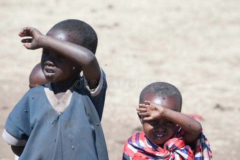 Maasai children with eyes full of flies, Tanzania. Flies lay eggs into eyes so that the child could go blind stock image Maasai children with eyes full of flies, Tanzania. Flies lay eggs into eyes so that the child could go blind stock image