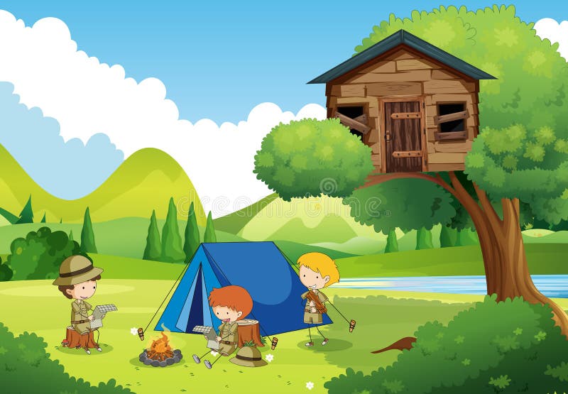 Boyscouts som campar i träna royaltyfri illustrationer Boyscouts som campar i träna royaltyfri illustrationer