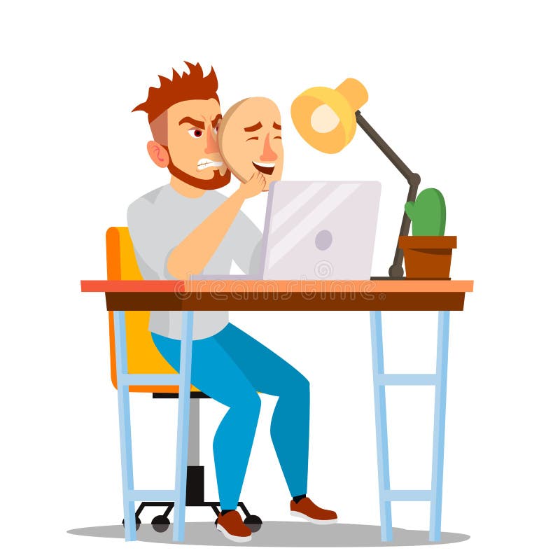 Boze Goede het Maskervector van de Mensenslijtage Slechte, Vermoeide Mens Valse Persoon Bedrieg Concept Geïsoleerd Vlak Beeldverh royalty-vrije illustratie Boze Goede het Maskervector van de Mensenslijtage Slechte, Vermoeide Mens Valse Persoon Bedrieg Concept Geïsoleerd Vlak Beeldverh royalty-vrije illustratie