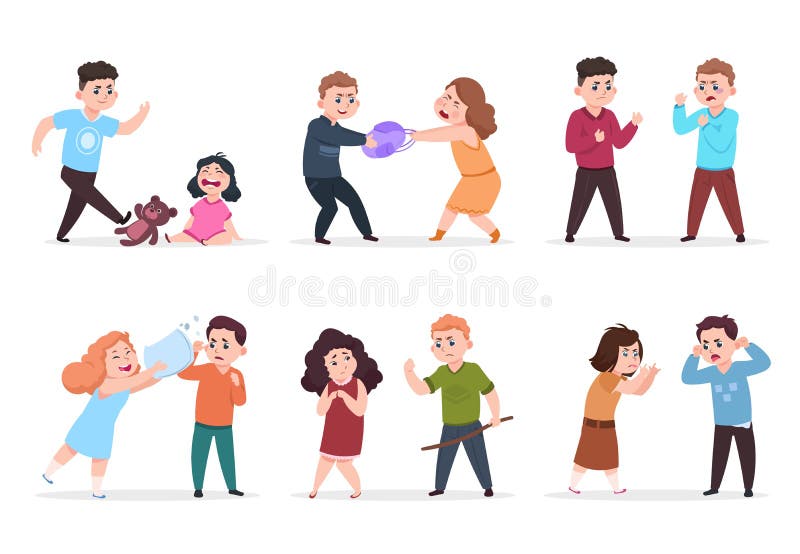 Boze jonge geitjes Slechte jongens en meisjes die en kleinere kinderen confronteren intimideren De slechte vectorkarakters van he royalty-vrije illustratie Boze jonge geitjes Slechte jongens en meisjes die en kleinere kinderen confronteren intimideren De slechte vectorkarakters van he royalty-vrije illustratie