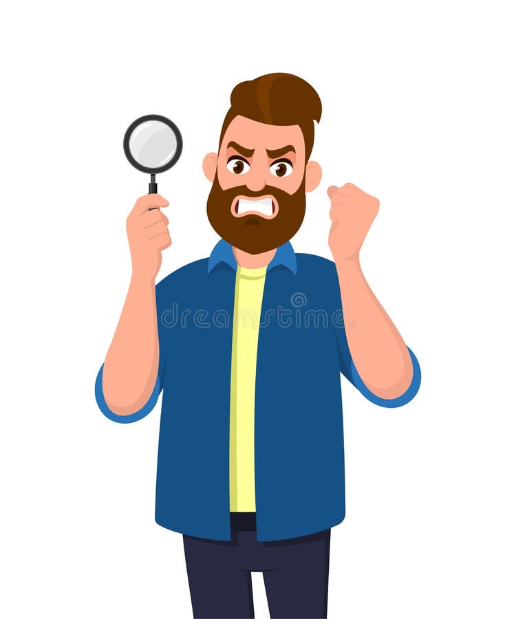 Boze jonge mensenholding/het tonen van vergrootglas en opheffend handvuist voor het uitdrukken van woede Het Zoeken, vindt, ontde stock illustratie Boze jonge mensenholding/het tonen van vergrootglas en opheffend handvuist voor het uitdrukken van woede Het Zoeken, vindt, ontde stock illustratie