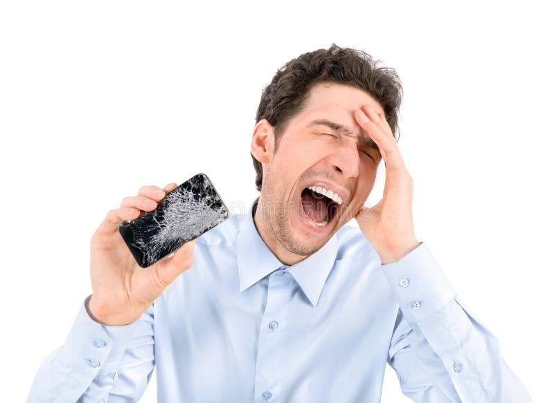 Boze mens die gebroken smartphone tonen stock fotografie Boze mens die gebroken smartphone tonen stock fotografie