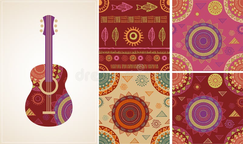 Bohemian, Tribal, Ethnic background with guitar illustration and patterns. Bohemian, Tribal, Ethnic background with guitar illustration and patterns