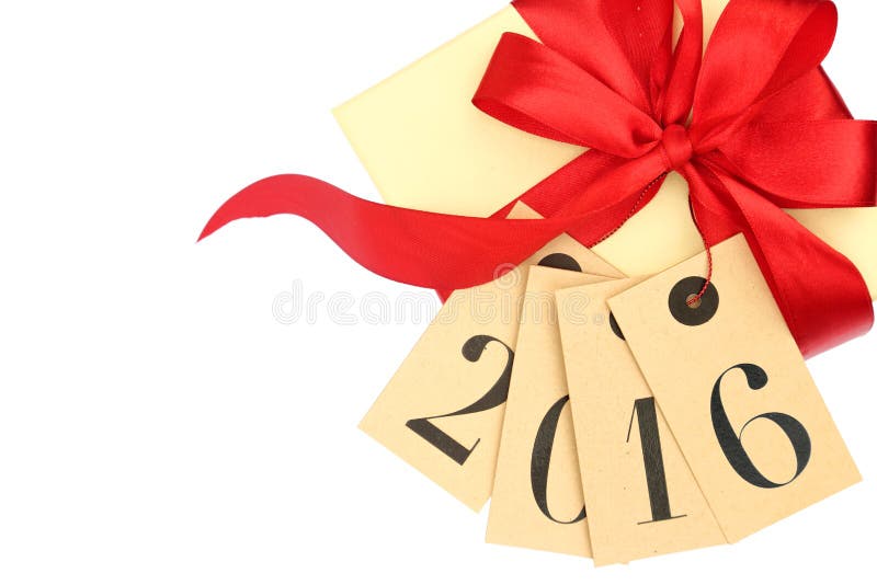 Gift box with red bow and tags with new year 2016 isolated on white. Gift box with red bow and tags with new year 2016 isolated on white