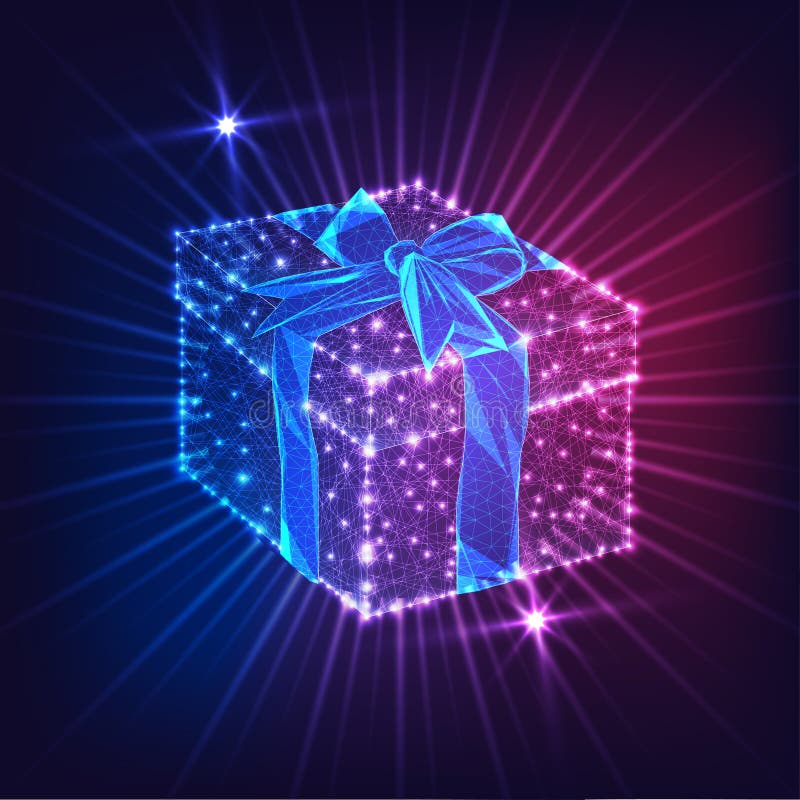 Boîte-cadeau futuriste en poly bas et brillant avec arc en ruban isolé sur fond bleu foncé et violet photos stock Boîte-cadeau futuriste en poly bas et brillant avec arc en ruban isolé sur fond bleu foncé et violet photos stock