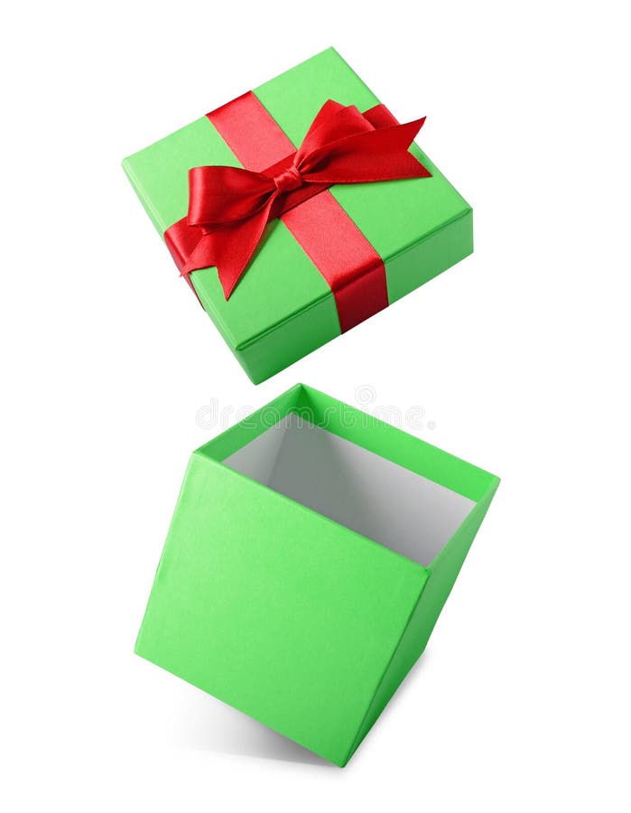 Boîte-cadeau ouvert de vol vert classique avec l'arc rouge de satin photographie stock libre de droits Boîte-cadeau ouvert de vol vert classique avec l'arc rouge de satin photographie stock libre de droits