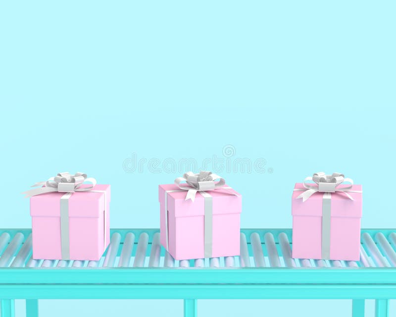 Boîte-cadeau rose sur le rouleau de convoyeur et le backgroun bleu de couleur en pastel illustration libre de droits Boîte-cadeau rose sur le rouleau de convoyeur et le backgroun bleu de couleur en pastel illustration libre de droits