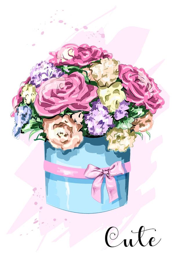 Boîte tirée par la main mignonne de fleur Beau bouquet de fleur avec la boîte élégante croquis illustration libre de droits Boîte tirée par la main mignonne de fleur Beau bouquet de fleur avec la boîte élégante croquis illustration libre de droits