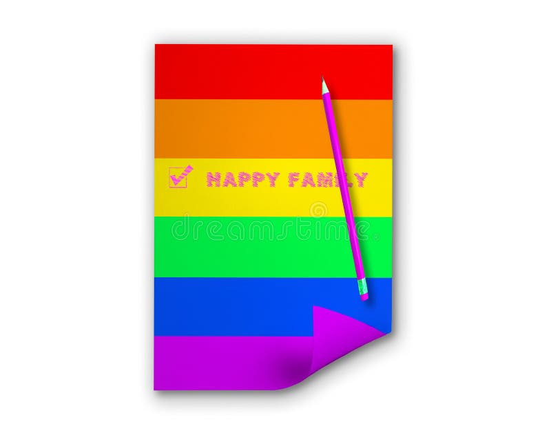 Boîte vérifiée avec la famille heureuse d'inscription et le marqueur pourpre sur le papier avec des couleurs d'arc-en-ciel image stock Boîte vérifiée avec la famille heureuse d'inscription et le marqueur pourpre sur le papier avec des couleurs d'arc-en-ciel image stock