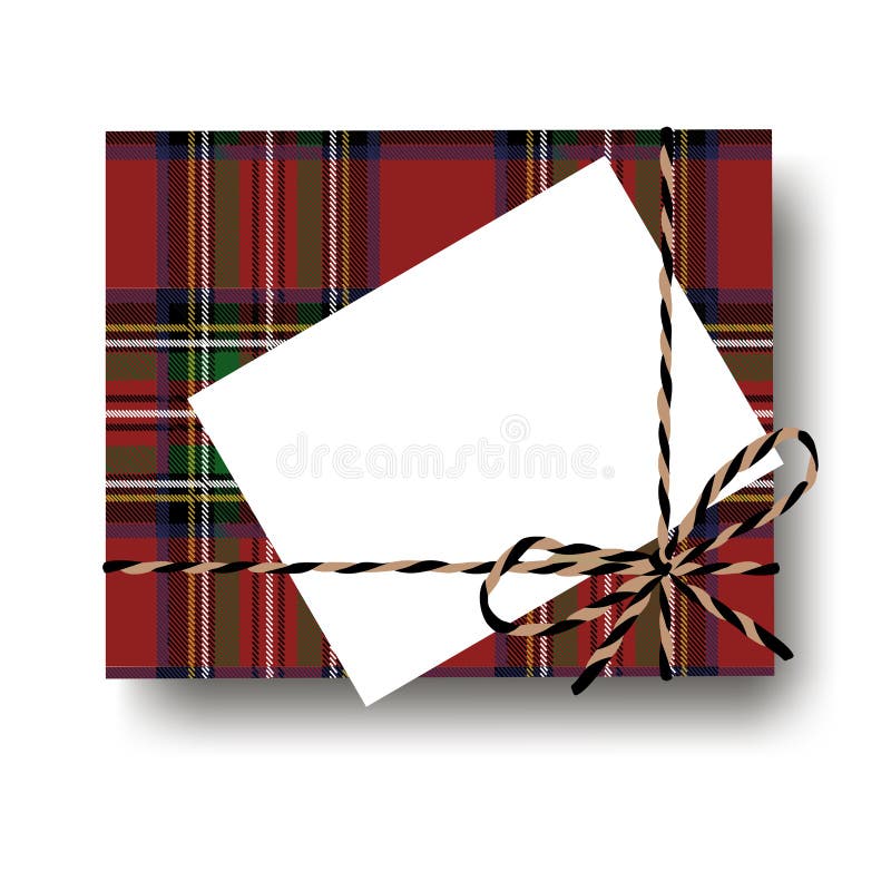 Boîte vérifiée de présent de cadeau de plaid de tartan avec l'arc attaché de ficelle et note vide avec l'espace de copie Emballag illustration stock Boîte vérifiée de présent de cadeau de plaid de tartan avec l'arc attaché de ficelle et note vide avec l'espace de copie Emballag illustration stock