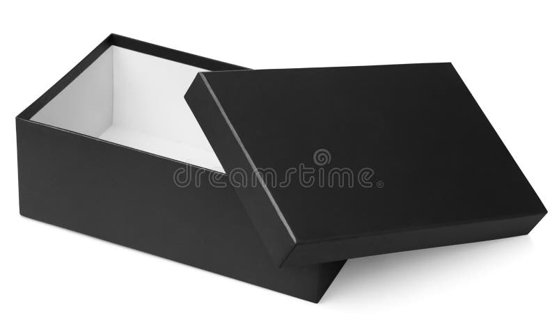 Boîte à chaussures noire isolée sur fond blanc photos stock