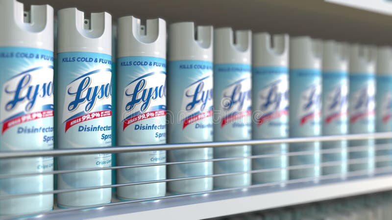 Boîtes de jet de desinfectantes lysol sur une animation 3d de boucle éditoriale de rayons de magasin. Prévention de la maladie du clips vidéos