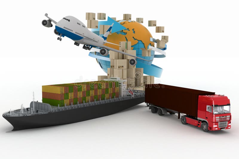 Boîtes en carton autour de globe, de cargo, de camion et d'avion illustration stock Boîtes en carton autour de globe, de cargo, de camion et d'avion illustration stock