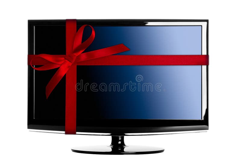 Modern Led tv with a red Christmas ribbon. Modern Led tv with a red Christmas ribbon