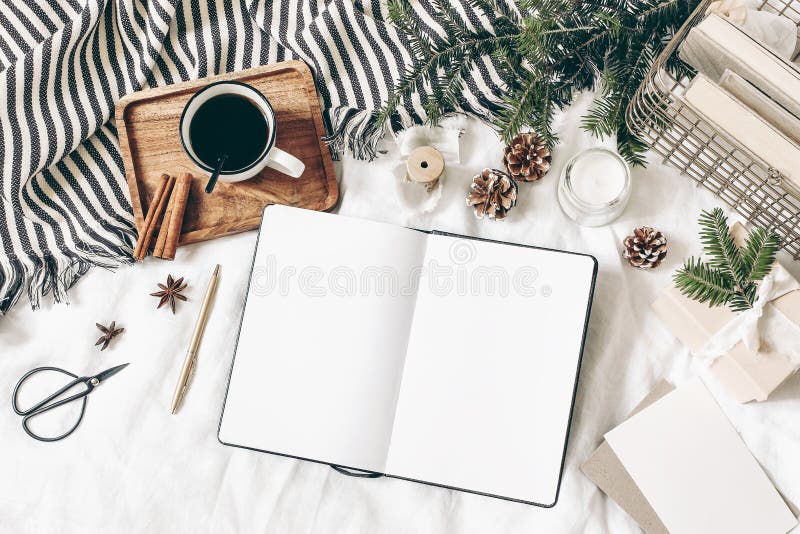 Boże Narodzenie, skład zimowy Pusta kartka z pozdrowieniami, otwarty pamiętnik, scena makijażu książki Kawa, stara książka, sosna