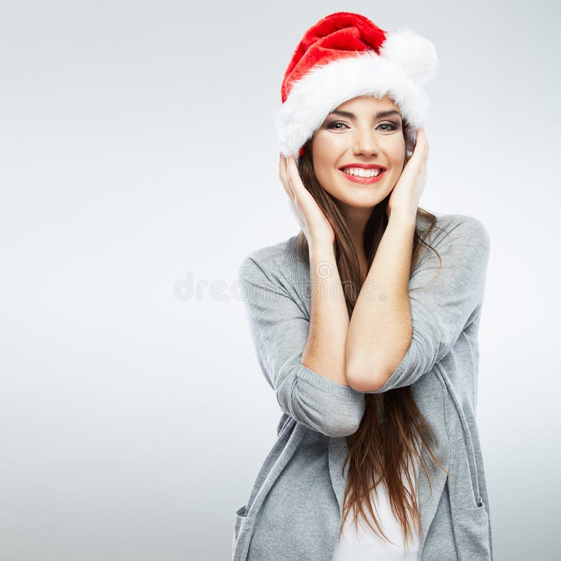 Bożenarodzeniowego Santa kapeluszu kobiety odosobniony portret obrazy royalty free