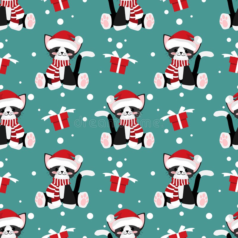 Bożenarodzeniowego sezonu wakacyjnego bezszwowy wzór z Ślicznym kotem z Santa kapeluszem, prezenta pudełkiem i płatek śniegu, ilustracja wektor Bożenarodzeniowego sezonu wakacyjnego bezszwowy wzór z Ślicznym kotem z Santa kapeluszem, prezenta pudełkiem i płatek śniegu, ilustracja wektor