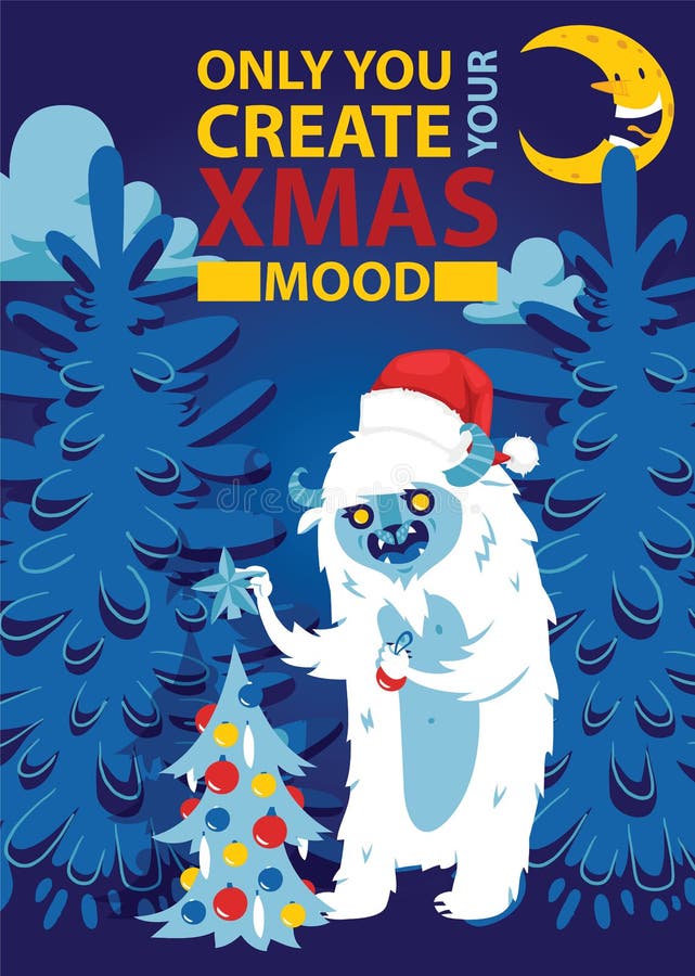 Bożenarodzeniowej nocy Bigfoot potwora lasowego strasznego kartka z pozdrowieniami tła sztandaru wakacji zimy xmas ręki wektorowy ilustracja wektor Bożenarodzeniowej nocy Bigfoot potwora lasowego strasznego kartka z pozdrowieniami tła sztandaru wakacji zimy xmas ręki wektorowy ilustracja wektor