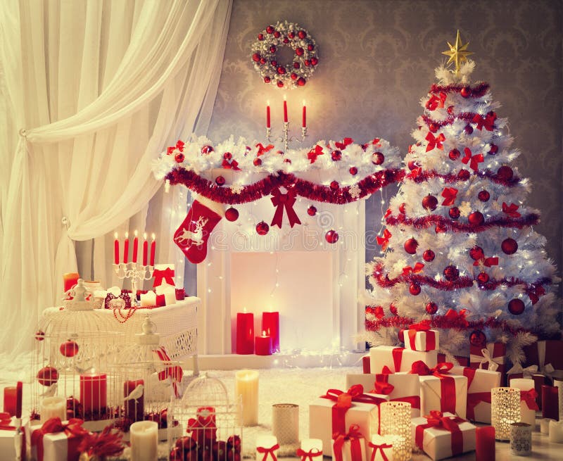 Bożenarodzeniowy Izbowy wnętrze, Xmas graby Drzewne teraźniejszość, dom obraz royalty free Bożenarodzeniowy Izbowy wnętrze, Xmas graby Drzewne teraźniejszość, dom obraz royalty free
