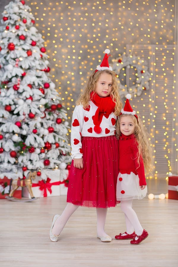 Bożenarodzeniowy portret dwa beautyful ślicznej dziewczyny Uśmiecha się siostra przyjaciół i xmas luksusu zieleni białego drzewa fotografia royalty free Bożenarodzeniowy portret dwa beautyful ślicznej dziewczyny Uśmiecha się siostra przyjaciół i xmas luksusu zieleni białego drzewa fotografia royalty free