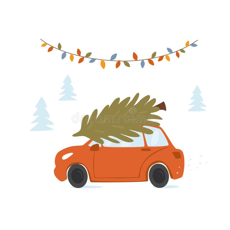 Bożenarodzeniowy samochodowy jeżdżenie do domu dla xmas z sosną na dachowym wierzchołku ilustracja wektor Bożenarodzeniowy samochodowy jeżdżenie do domu dla xmas z sosną na dachowym wierzchołku ilustracja wektor