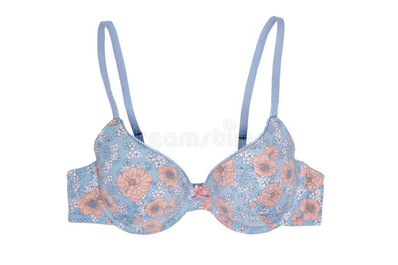 Bra isolated. Closeup of beautiful female stylish blue bra with straps and floral pattern isolated on a white background.