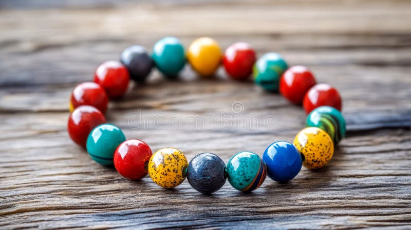Braccialetto di lenticchie a mano colorato, poggiato su una superficie di legno rustico fotografia stock