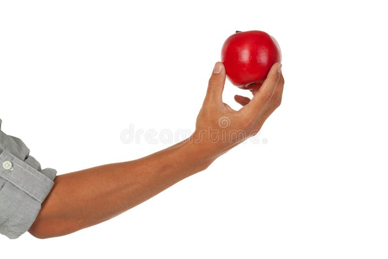 Braccio con la mano che tiene una mela