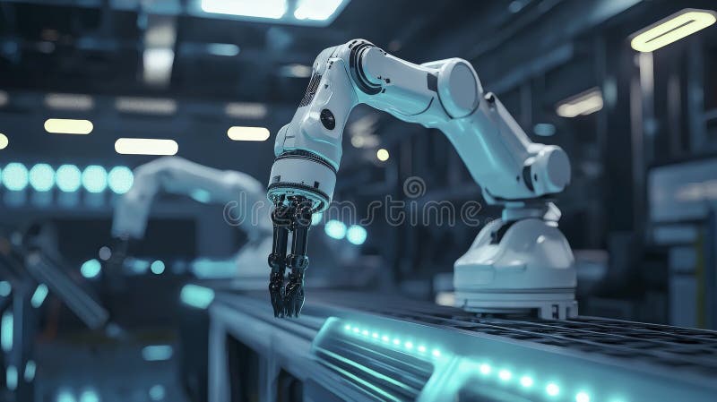 Braccio robotico in una linea di assemblaggio automatizzata ad alta tecnologia illustrazione di stock