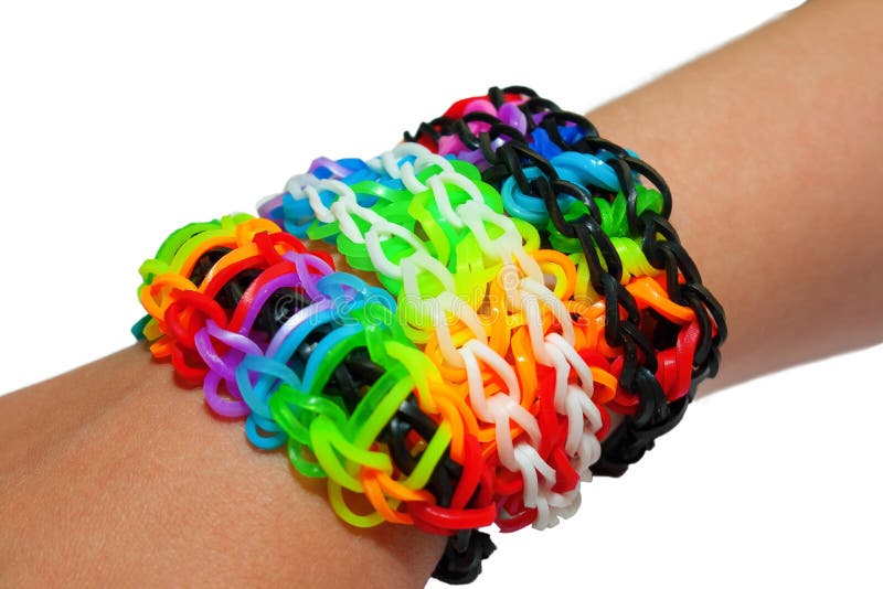Bracelet made of colorful rainbow loom rubber bands. stock photos