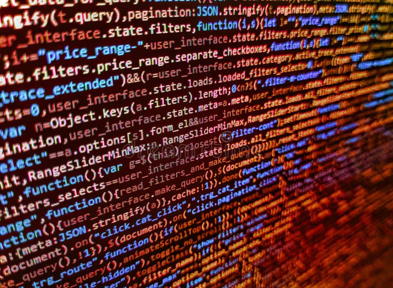 エディタのカラフルなテーマでプログラミングとコーディング。BracketソフトウェアのJavascriptコード。モダンな技術。CSS付きのWeb開発者向けHTMLコード ストック画像