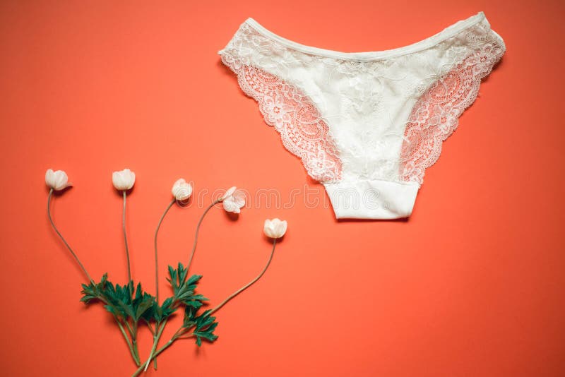 Bragas Blancas Del Cordón En Fondo Coralino Ropa Interior Femenina Para La Novia Las Flores Delicadas En Un Fondo Anaranja Foto de archivo - Imagen de bikini, delicado: 154389596