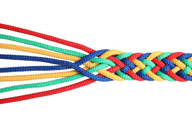 Braided colorful ropes on white, top view. Unity concept